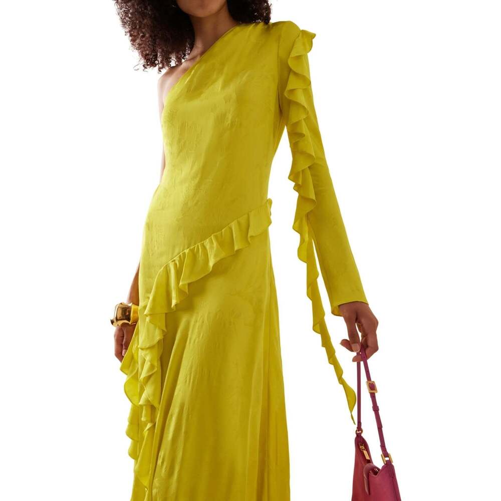 ALEJANDRA ALONSO ROJAS - One Shoulder Yellow Silk Ruffle Dress - US 4 - Picture 5 of 7